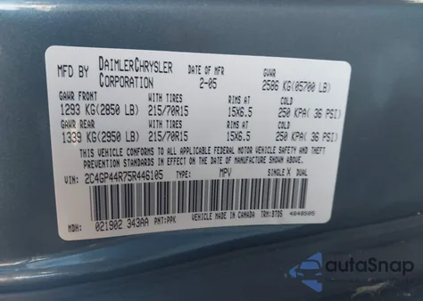 2005 Chrysler Town & Country Lx from USA, damaged, VIN 2C4GP44R75R446105